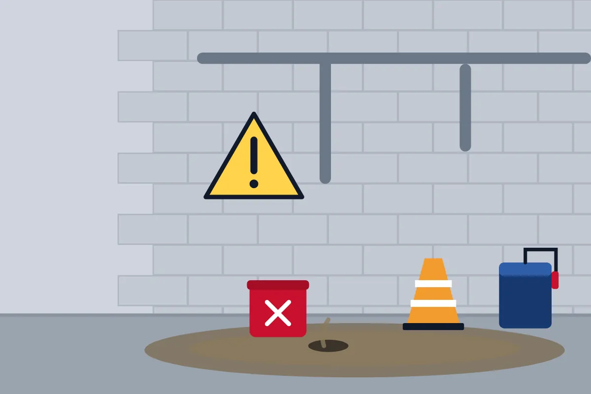 Illustration of a basement with a sewage backup around a floor drain and a hazard sign