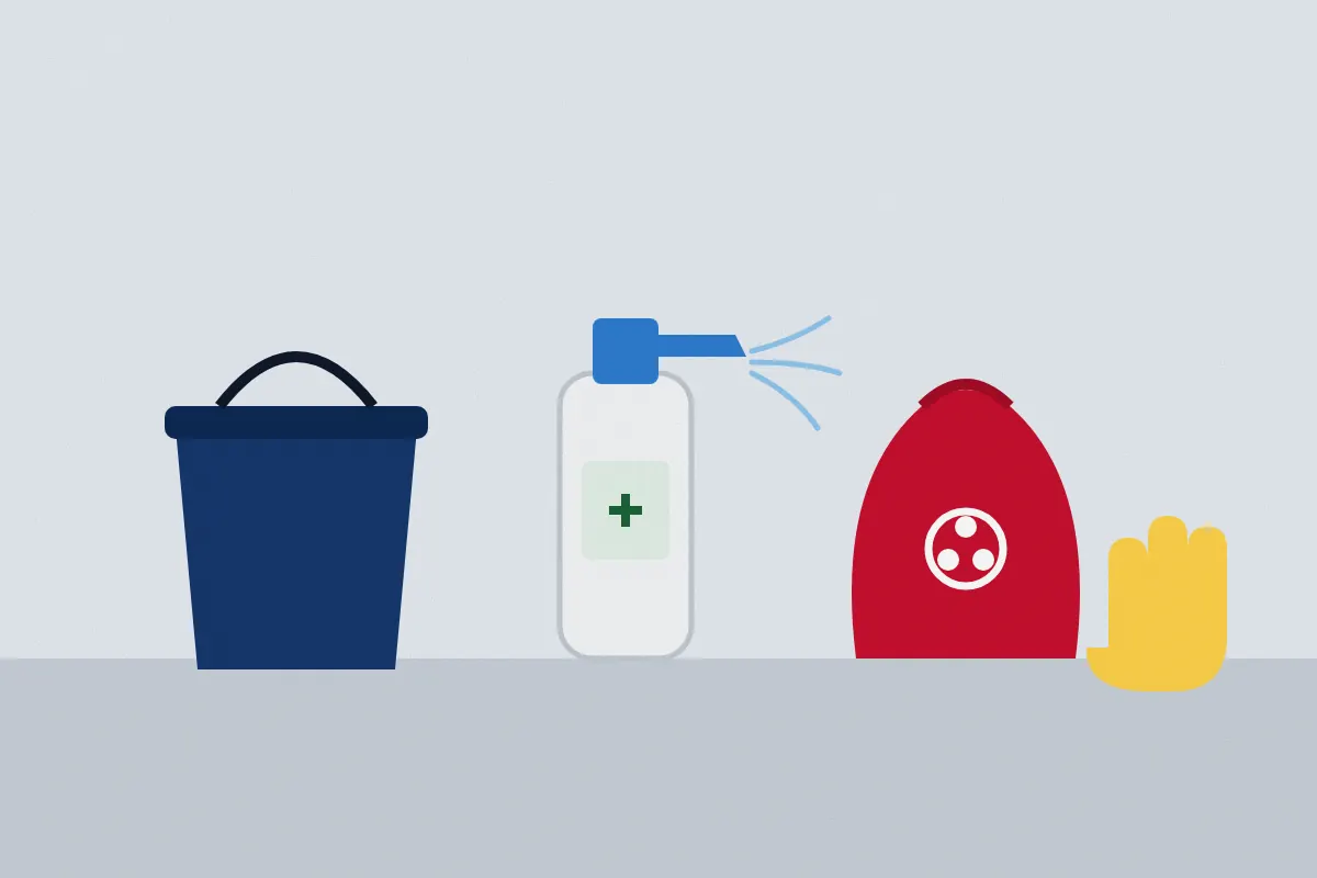 Illustration of cleanup supplies: a disinfectant sprayer, a bucket, gloves and a sealed biohazard bag