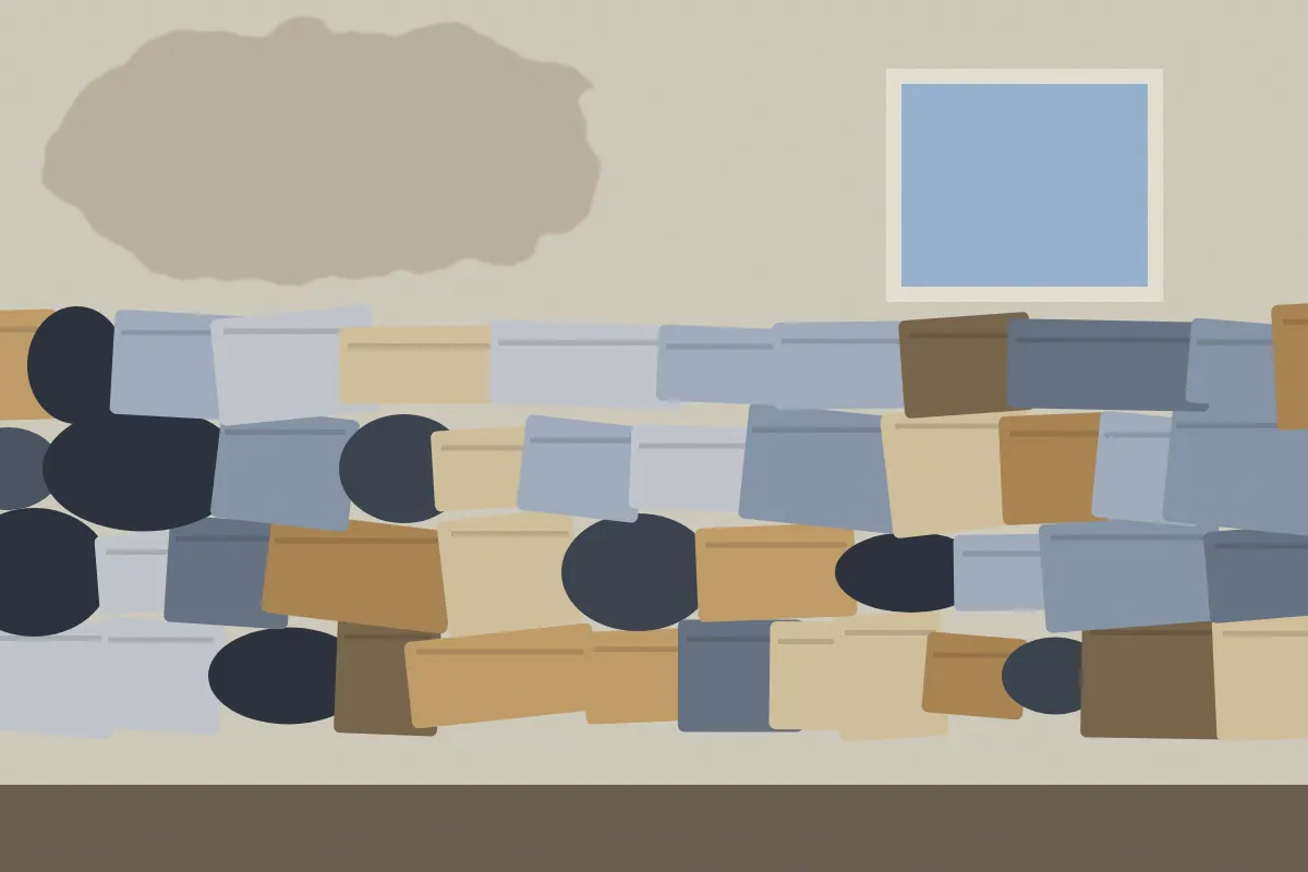 Illustration of a room filled with piled boxes, bags and clutter up to the window
