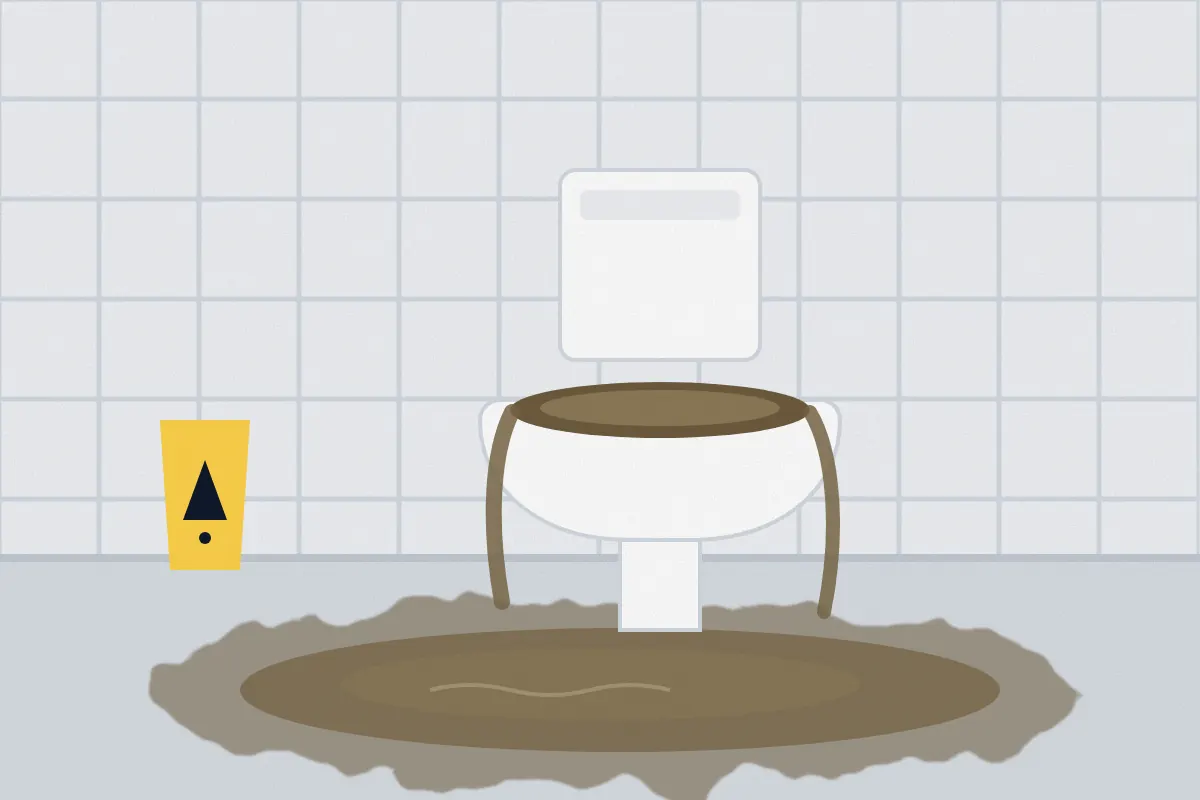 Illustration of a toilet overflowing with dirty water onto a bathroom floor