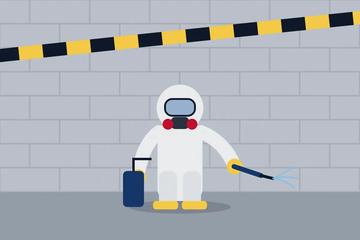 Illustration of a cleanup worker in a protective suit and respirator spraying disinfectant