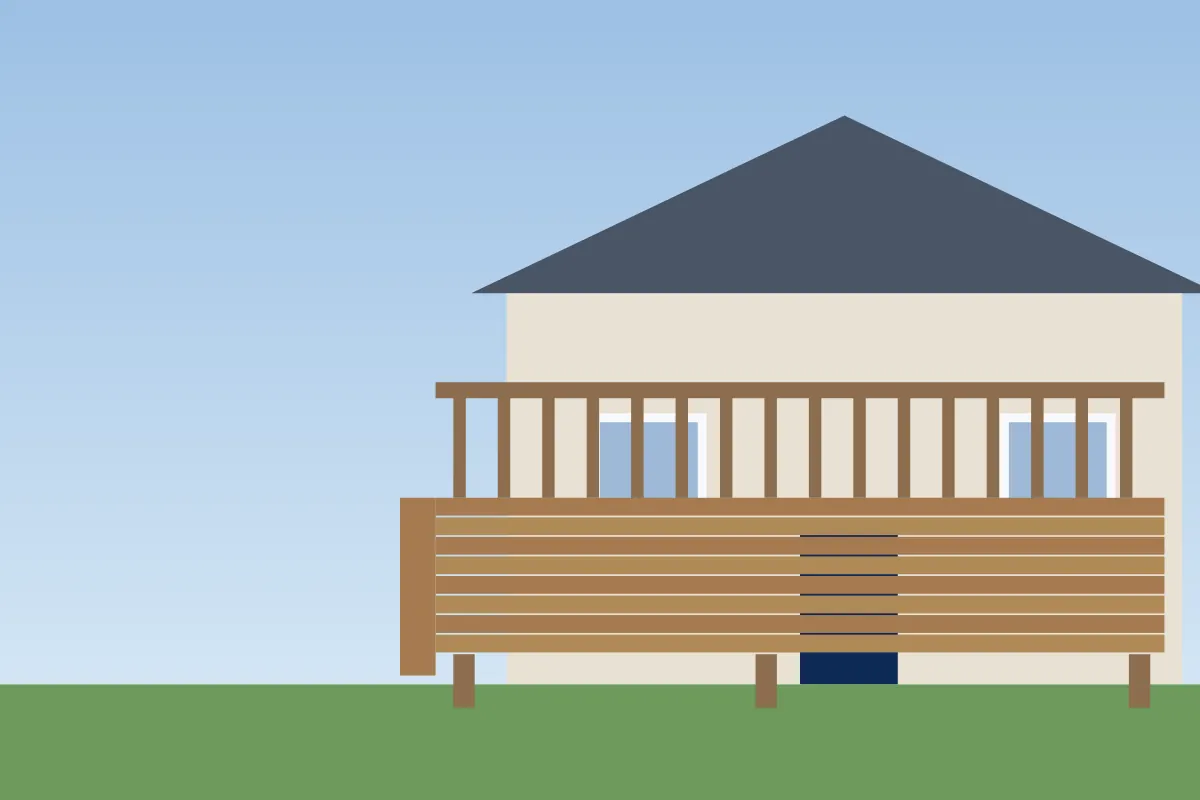 Illustration of a wooden deck with railings on the back of a house