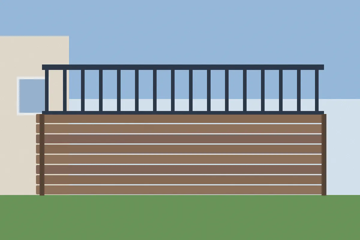 Illustration of a new raised deck with composite boards and dark metal railings beside a house