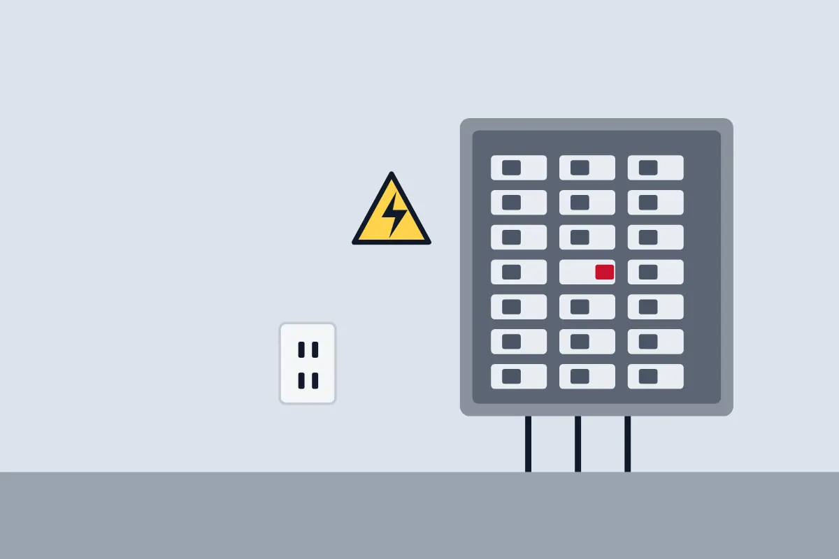 Illustration of an electrical panel with a tripped breaker and a warning sign