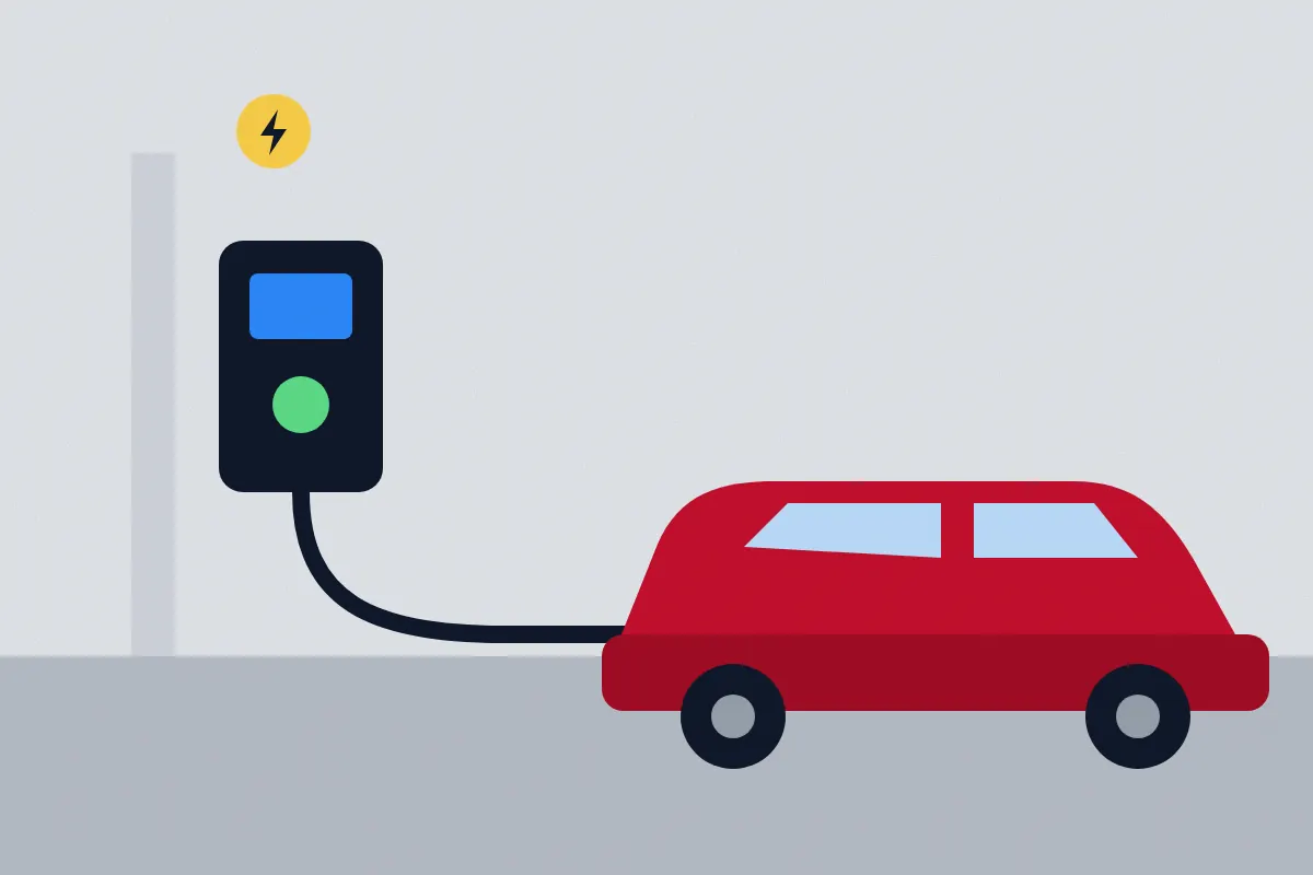 Illustration of a wall mounted EV charger in a garage charging a red car