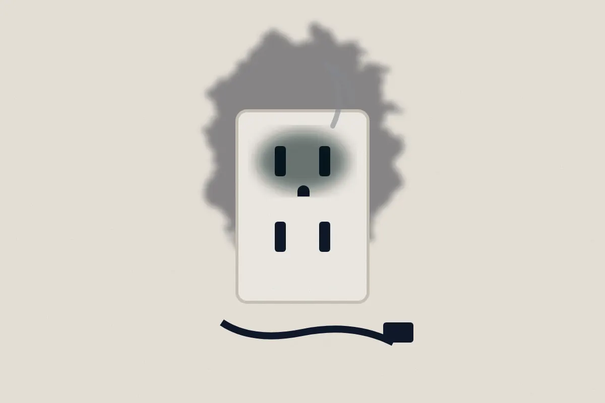 Illustration of an outlet with scorch marks and smoke stains on the wall