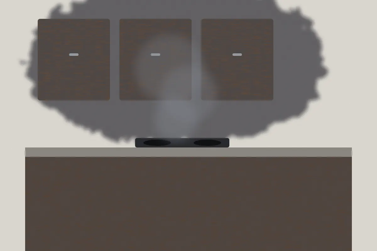 Illustration of charred kitchen cabinets and counters blackened by smoke above a stove