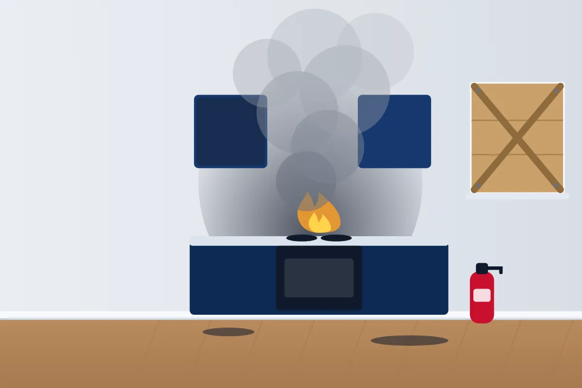 Illustration of a kitchen with smoke and soot above the stove and a boarded up window