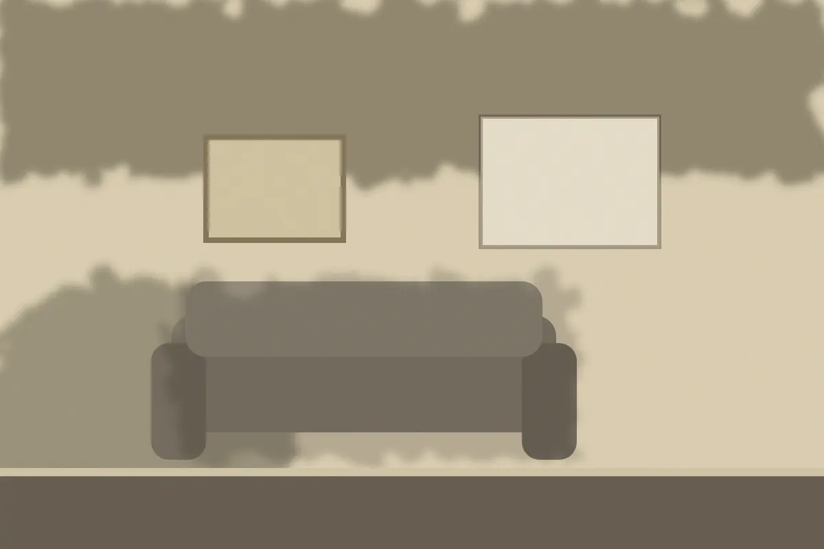 Illustration of a living room with smoke stained walls and a gray film over the furniture