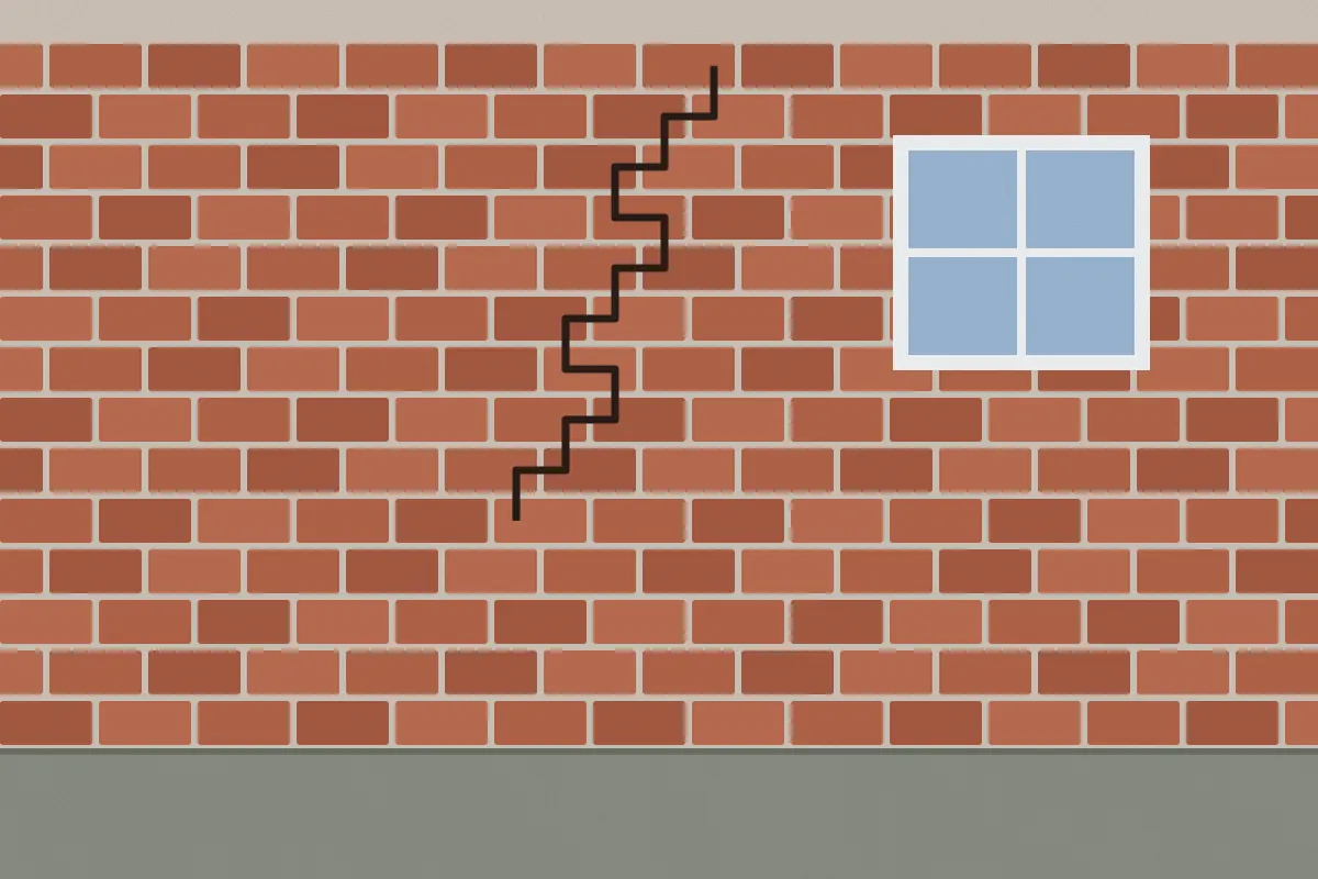Illustration of a brick wall with a stair step crack running through the mortar joints below a window