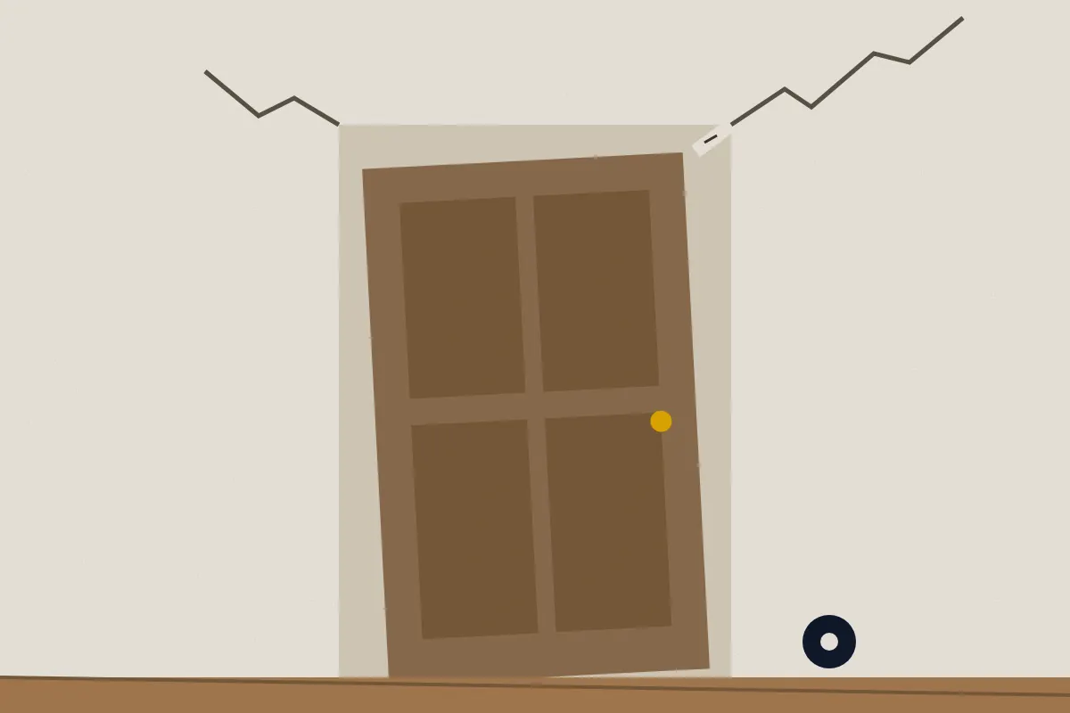 Illustration of a door out of square in its frame with cracks in the wall above
