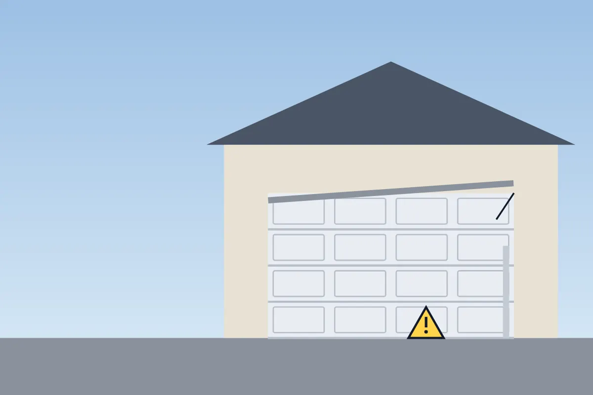 Illustration of a garage door hanging crooked with a warning sign in front