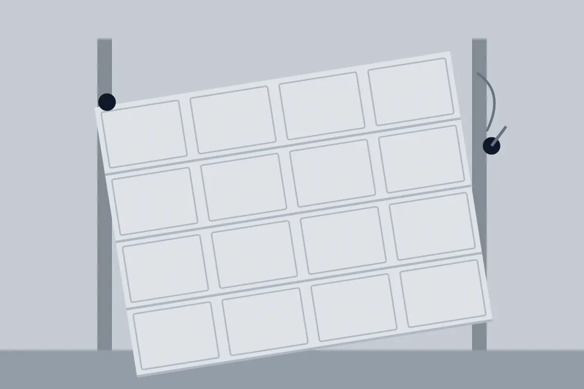 Illustration of a garage door that has come off its track and hangs at an angle