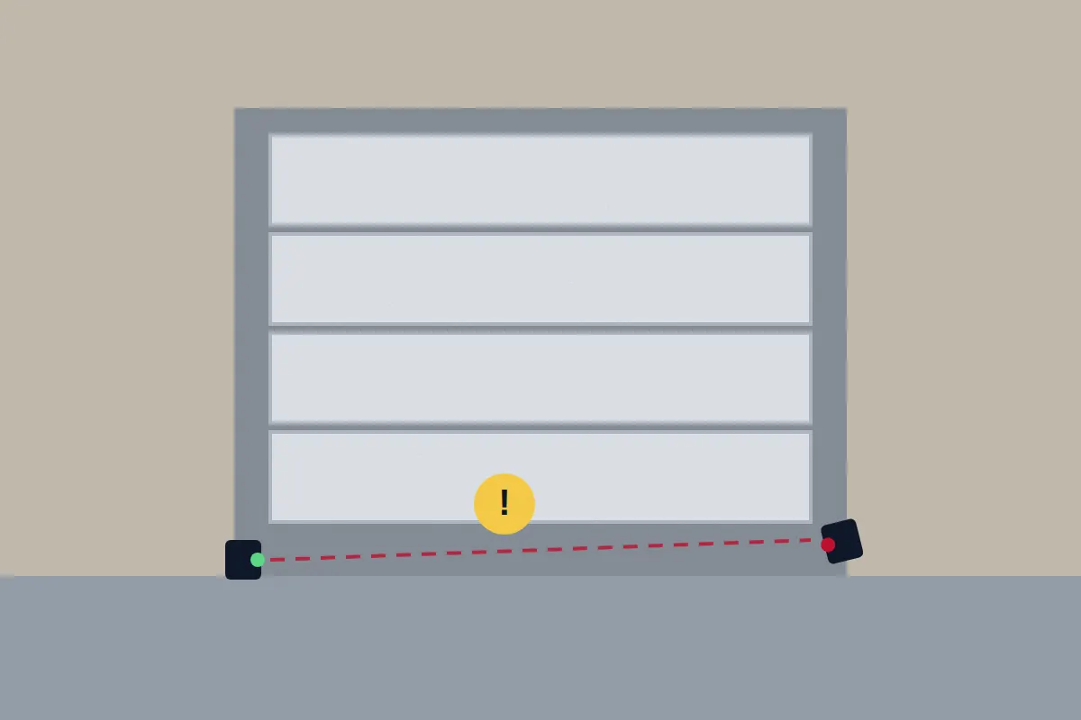 Illustration of a garage door with the two safety sensors near the floor knocked out of line and a warning sign