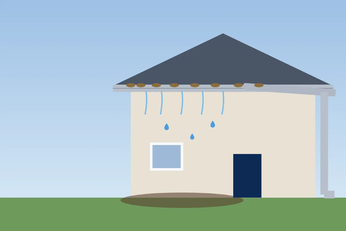 Illustration of gutters overflowing with rain and a downspout pulling away from a house