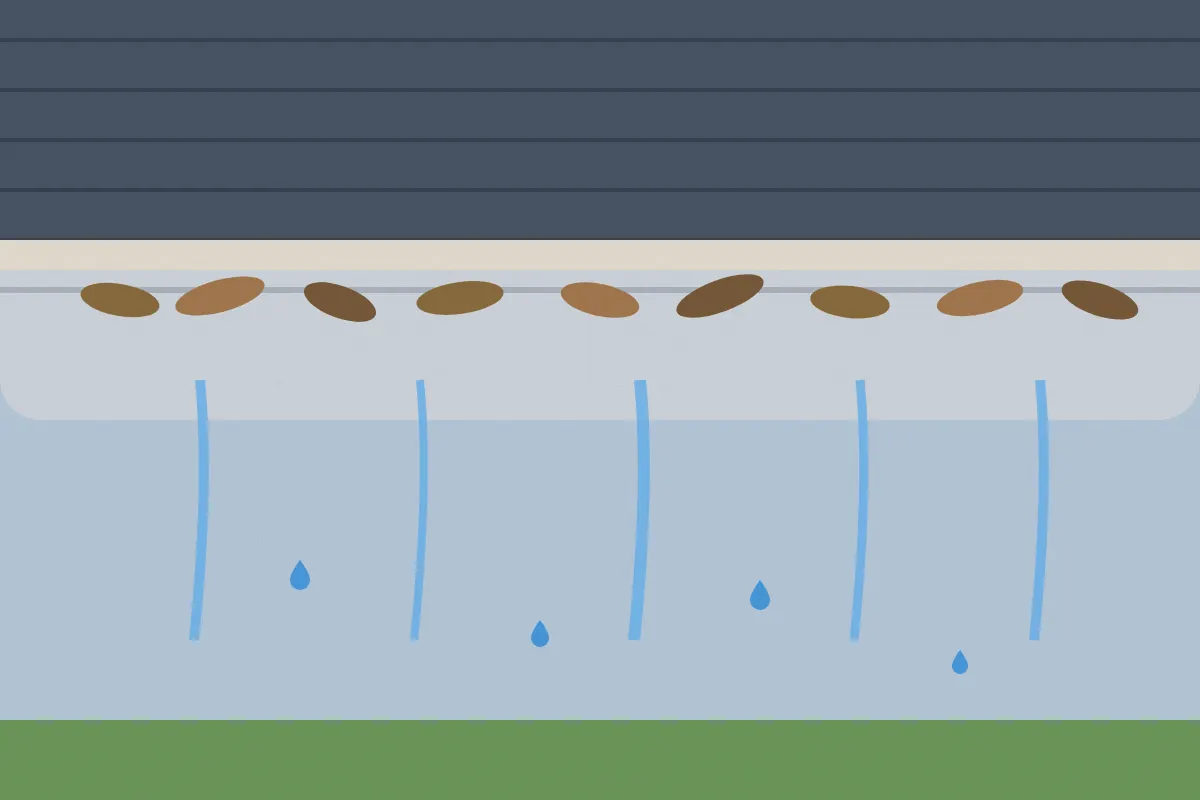 Illustration of a gutter packed with leaves and overflowing with rain