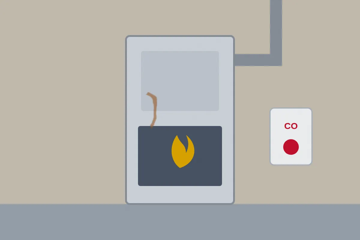 Illustration of an old gas furnace with a yellow flame, rust and a carbon monoxide alarm nearby