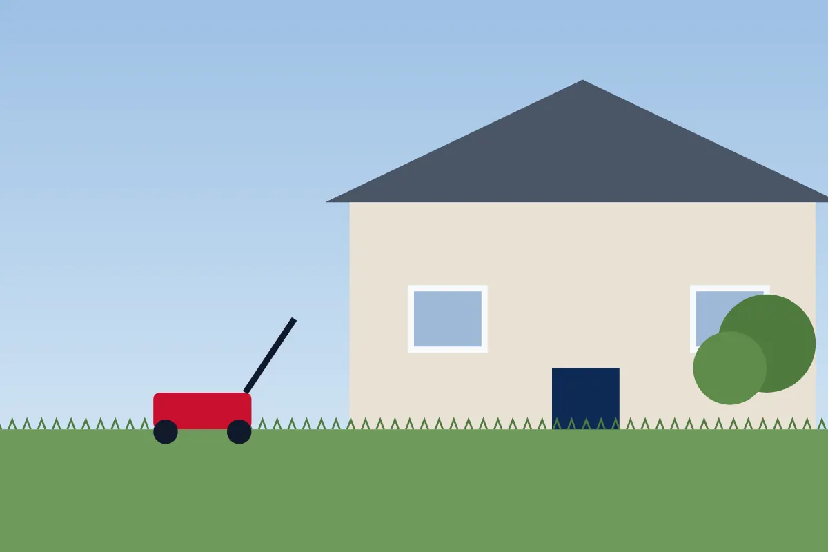 Illustration of a front lawn with a lawn mower, grass and shrubs