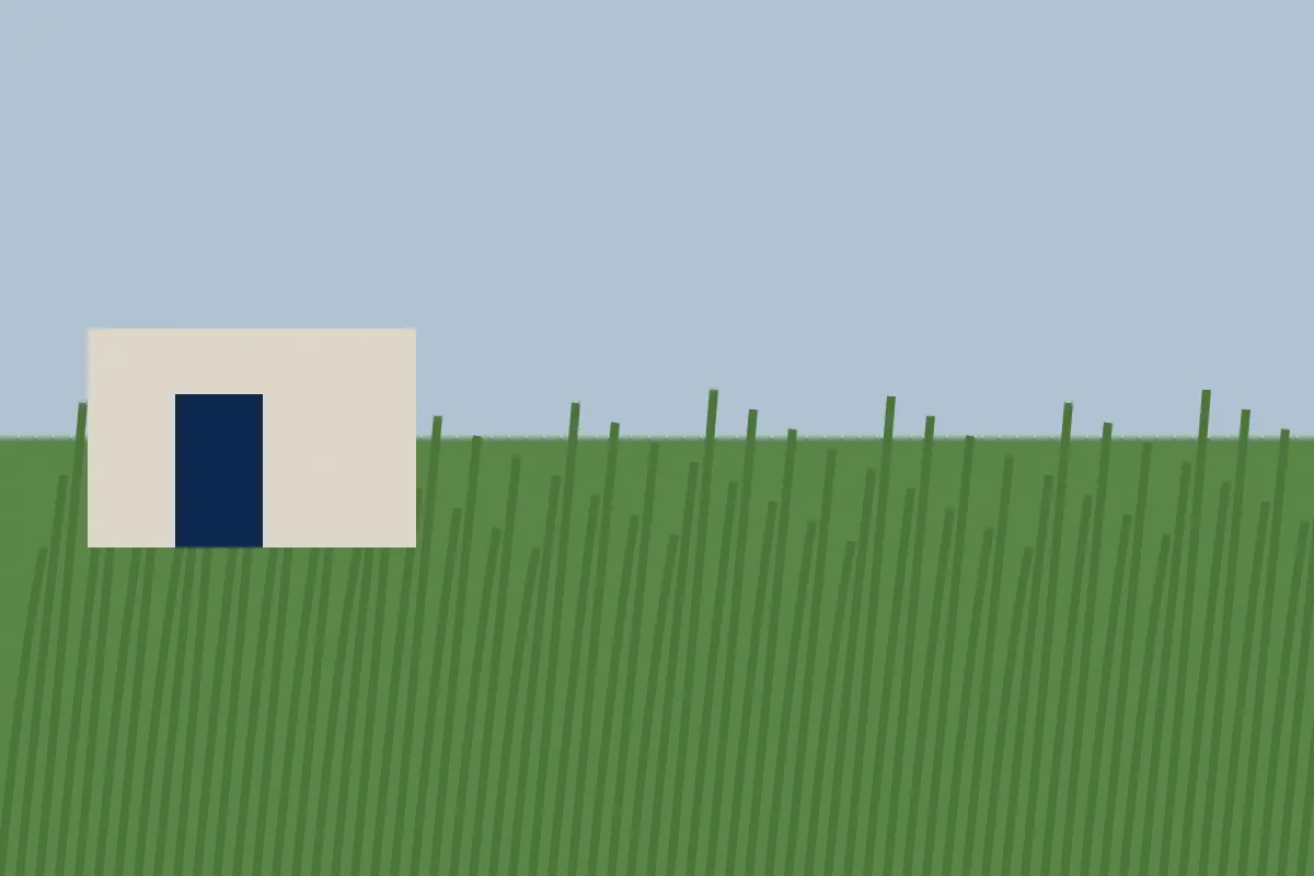 Illustration of a yard with tall, overgrown grass hiding a small house