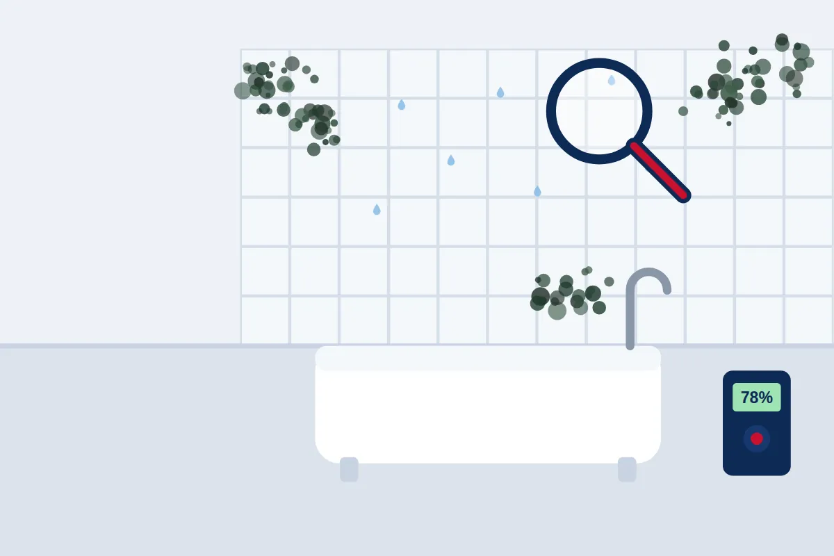 Illustration of mold growing on bathroom tiles above a bathtub, with a humidity meter