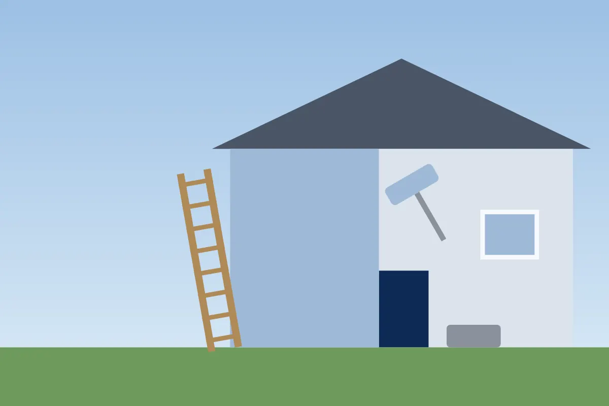 Illustration of a house being painted with a ladder, a roller and a paint tray