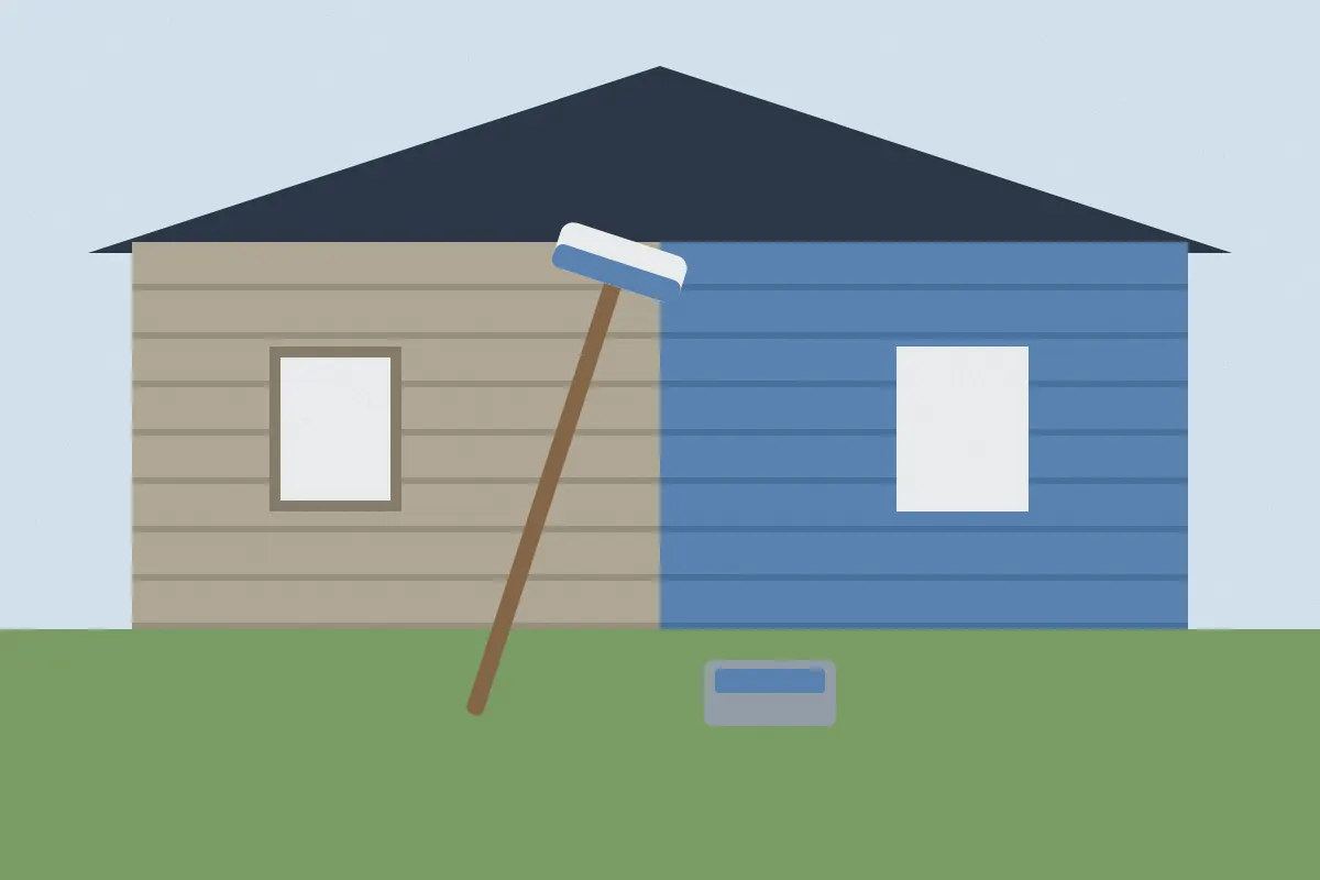 Illustration of a house with half of its siding repainted blue and a paint roller on a pole