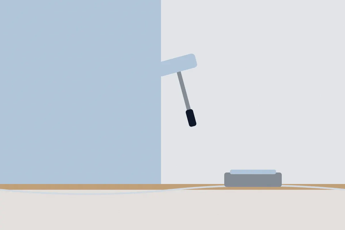 Illustration of a room being painted with a roller, a drop cloth and a paint tray