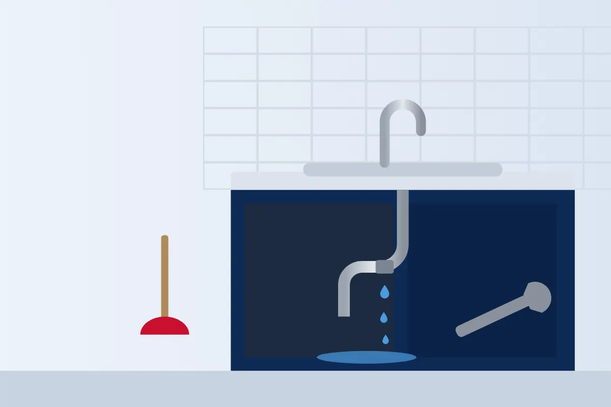 Illustration of a leaking pipe dripping under a kitchen sink with a wrench and plunger nearby