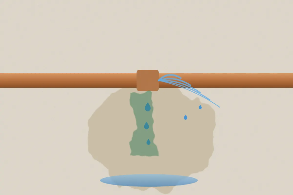 Illustration of a copper pipe joint spraying water onto a stained wall