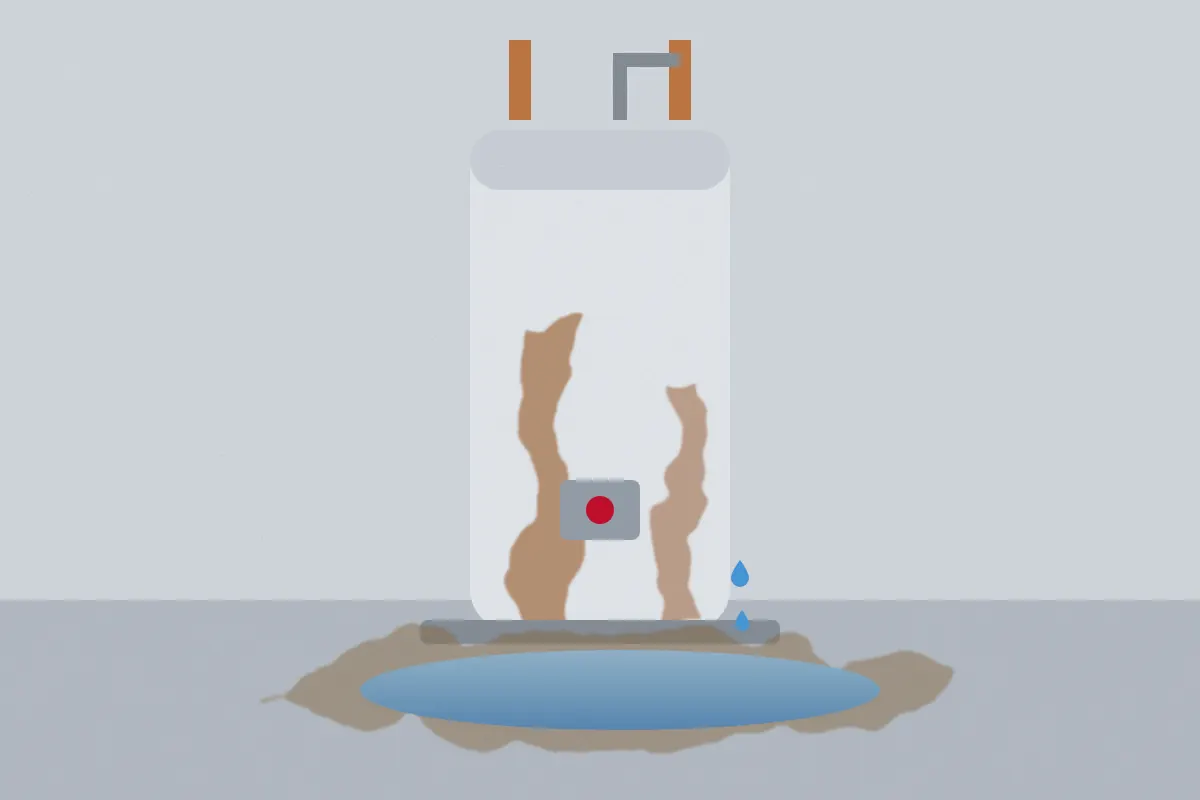 Illustration of a rusty water heater leaking into a puddle on the floor
