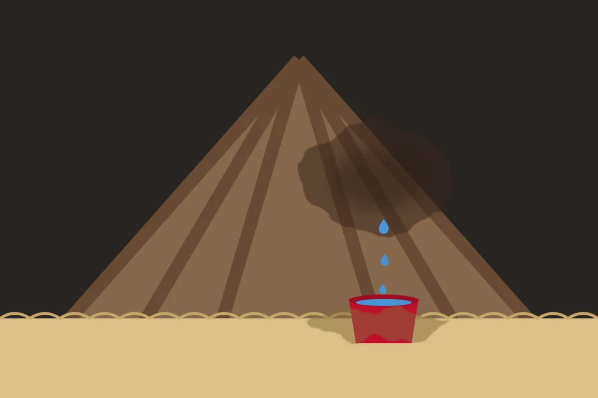 Illustration of an attic with a water stain on the roof boards and a bucket catching drips