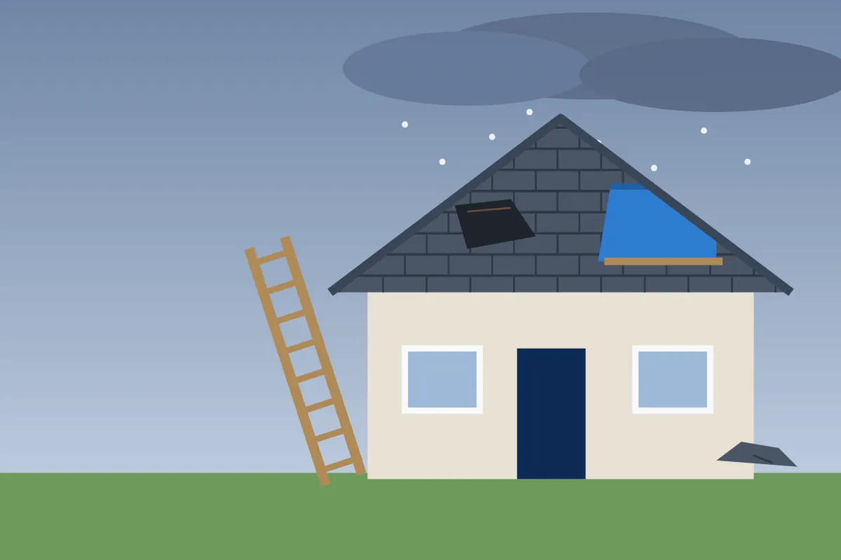 Illustration of a house with missing shingles, a blue tarp on the roof and hail falling