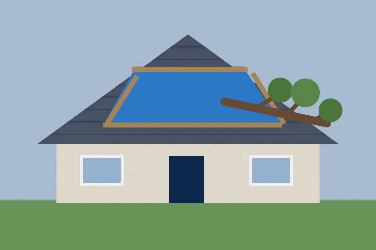 Illustration of a house with a blue tarp over a damaged roof and a fallen tree branch
