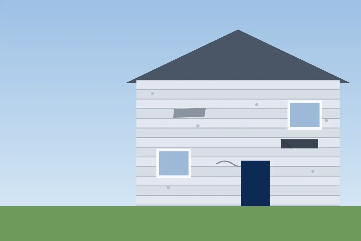 Illustration of a house with cracked, missing and hail marked siding panels