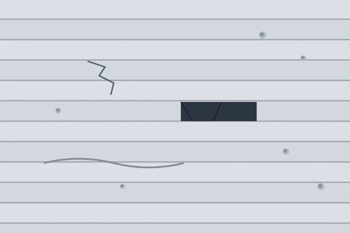 Illustration of vinyl siding with a crack, a missing piece, warping and hail dents