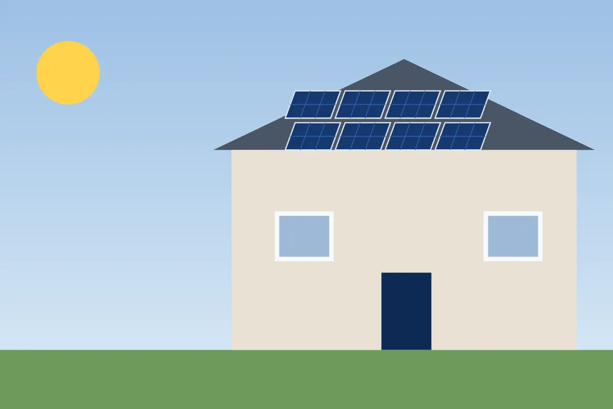 Illustration of a house with solar panels on the roof under the sun