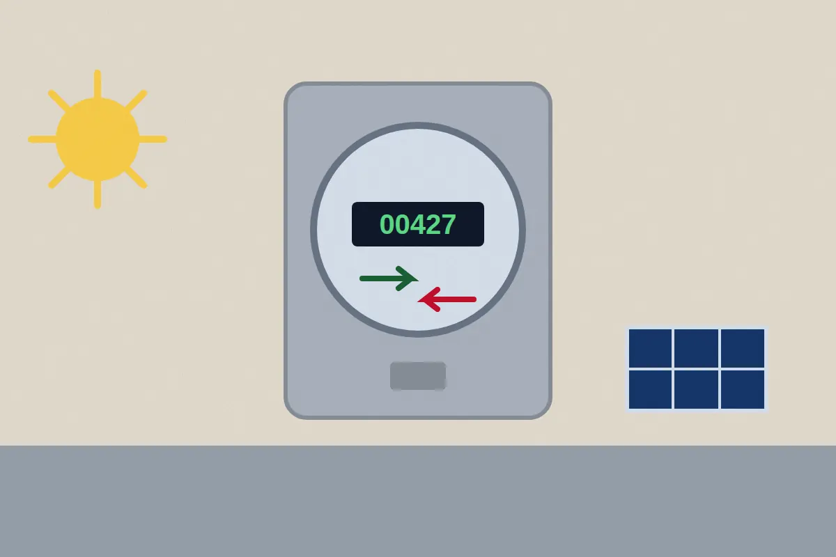 Illustration of a two way electric meter with arrows showing power flowing in and out, with the sun and a solar panel nearby