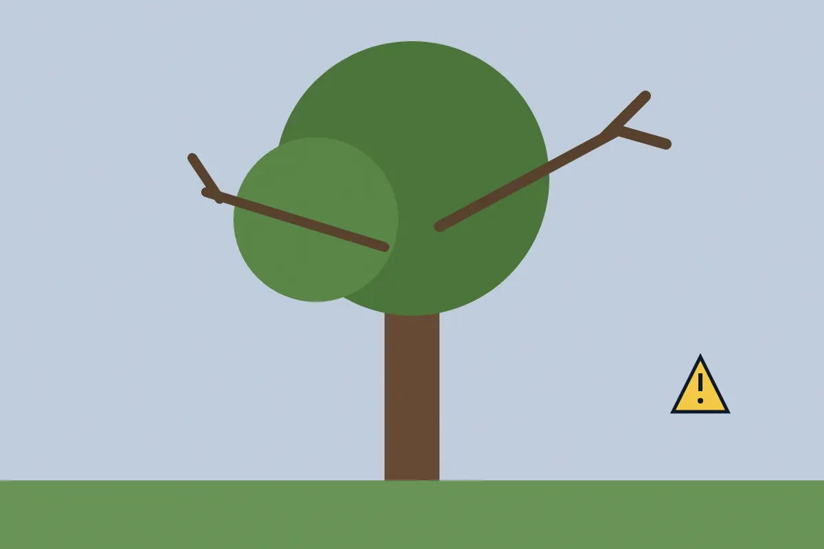 Illustration of a tree with dead, bare branches and a warning sign