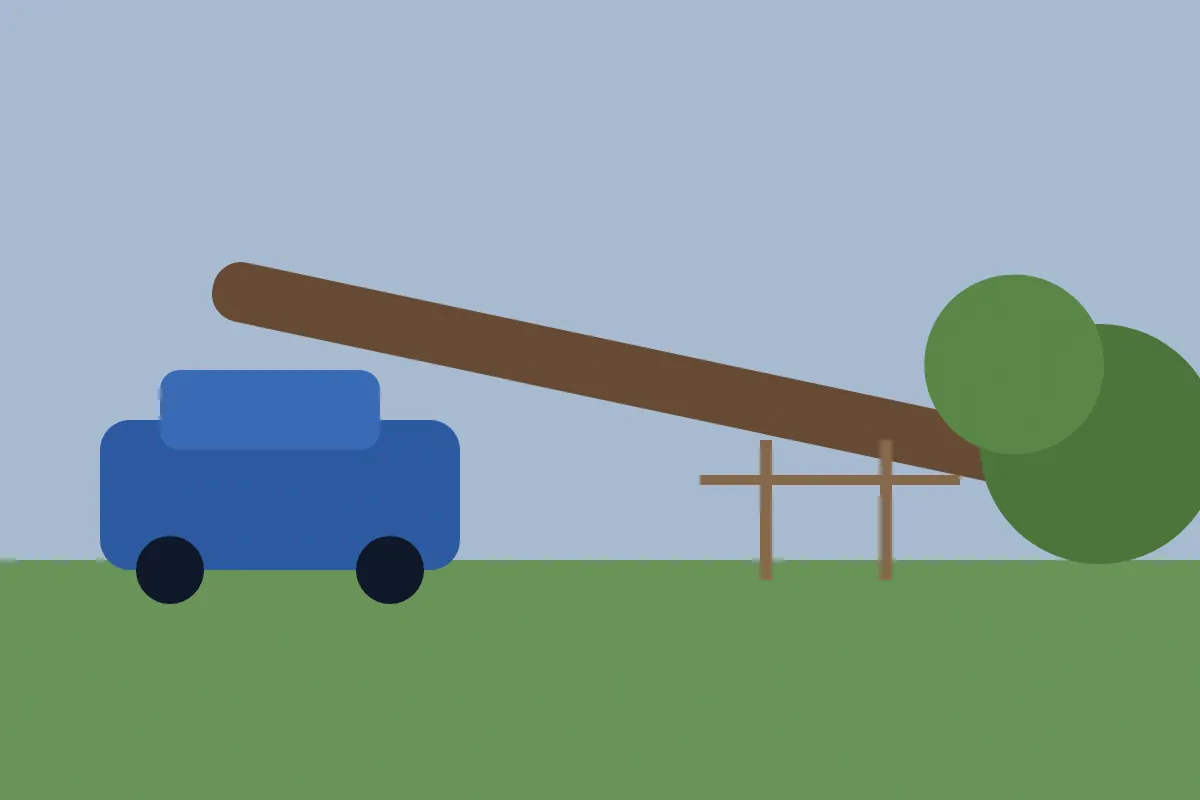 Illustration of a fallen tree lying across a car and a fence