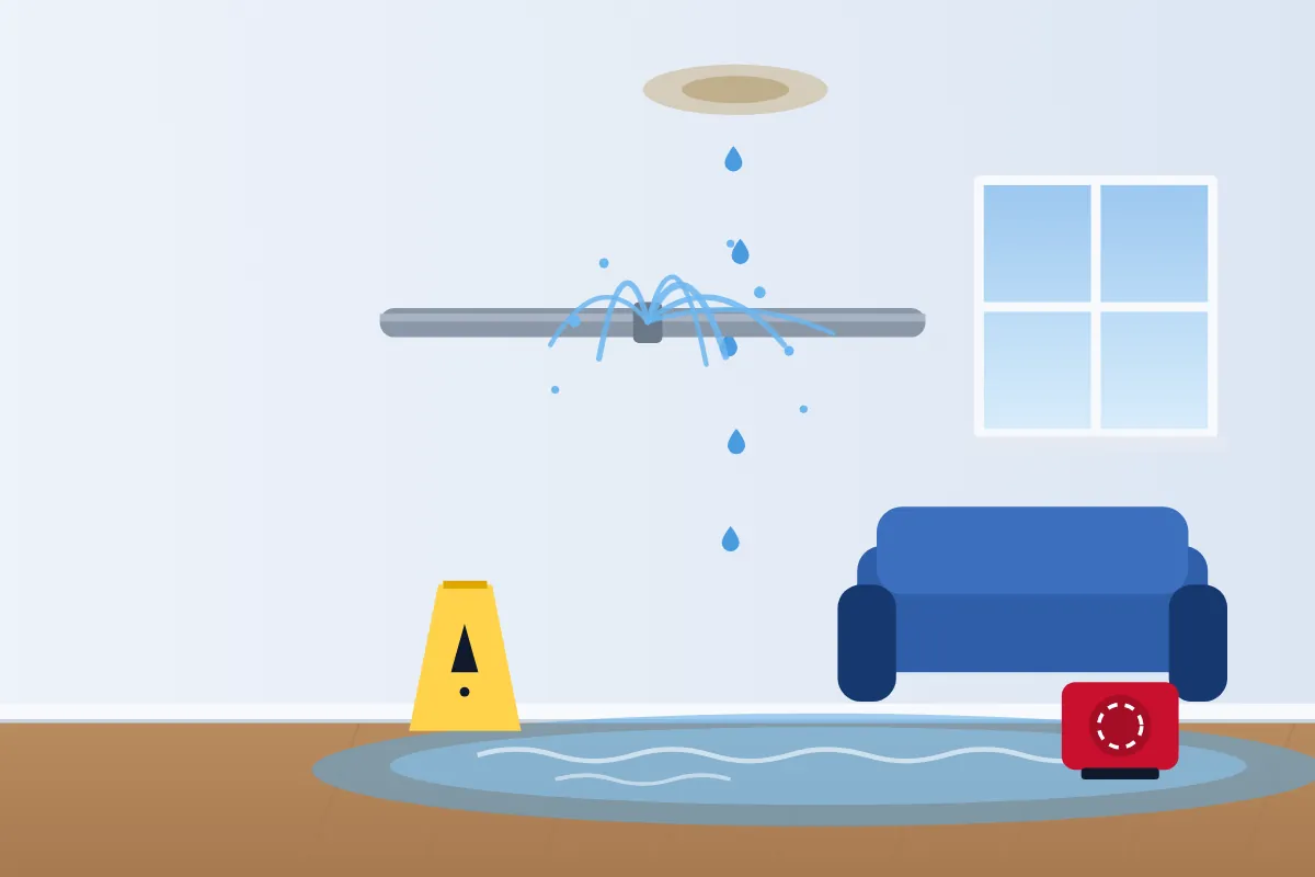 Illustration of a burst pipe spraying water into a living room with a flooded floor