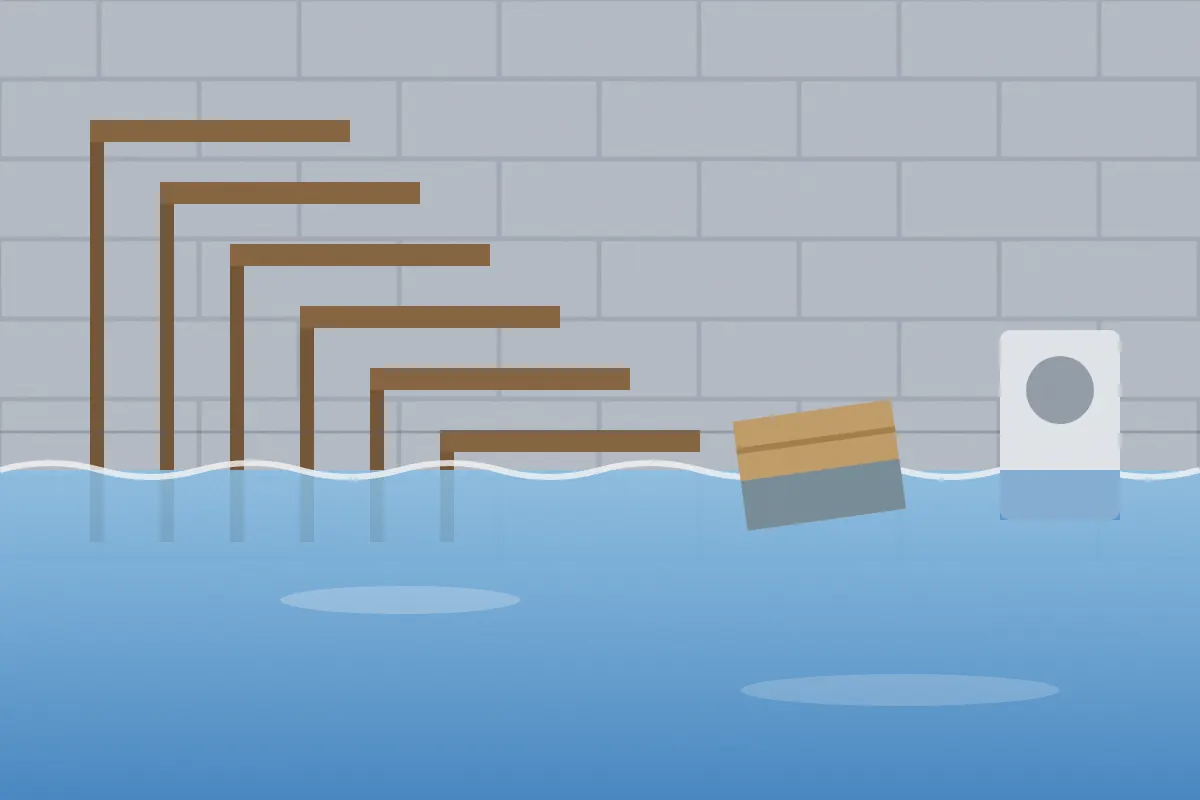 Illustration of a flooded basement with water covering the stairs and boxes floating